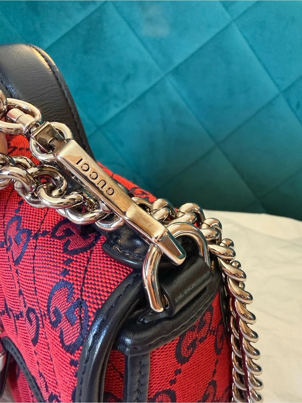 Gucci Red GG Marmont Top Handle Satchel with Black Trim